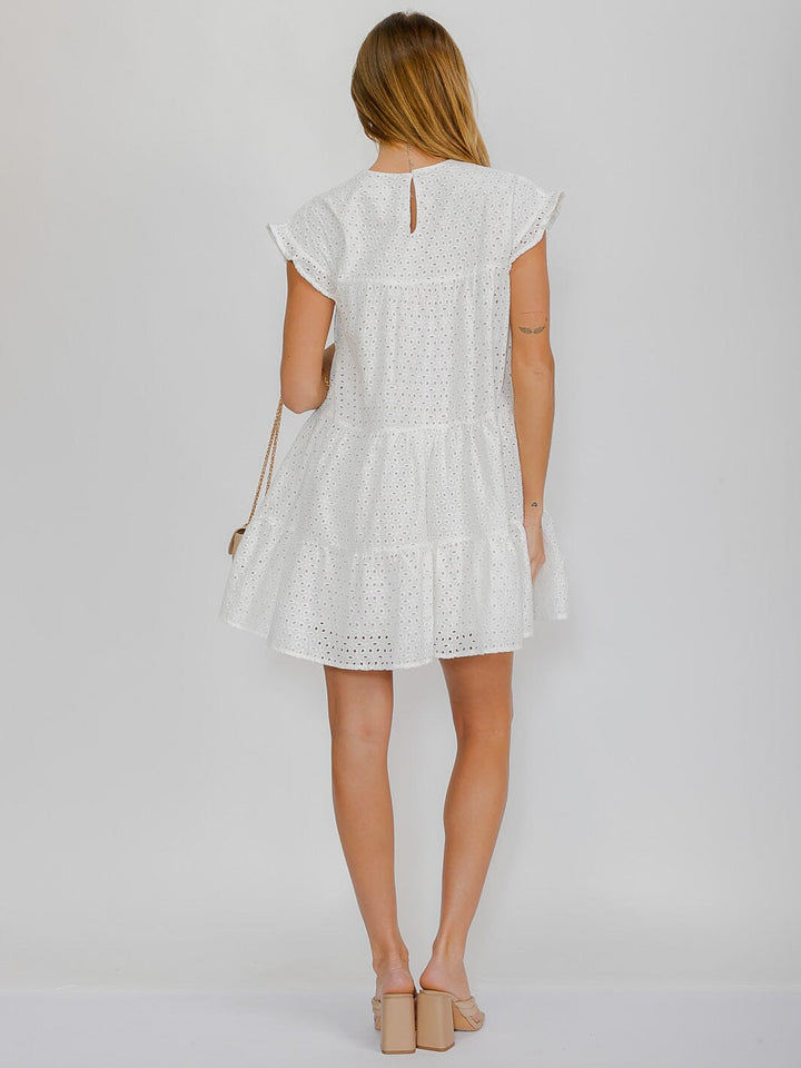 WOMEN'S SHORT SLEEVES EYELET BABYDOLL TIERED MINI DRESS