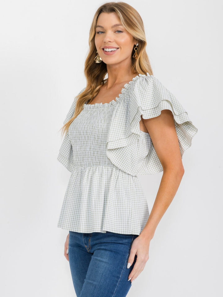 WOMEN'S SHORT RUFFLE SLEEVES SQUARE NECK SMOCK PLAID BLOUSE