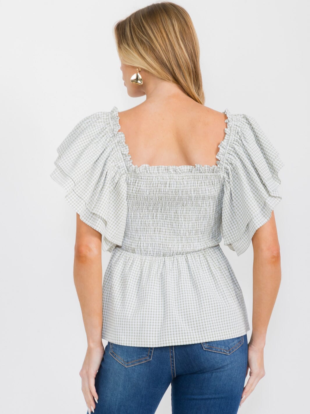 WOMEN'S SHORT RUFFLE SLEEVES SQUARE NECK SMOCK PLAID BLOUSE
