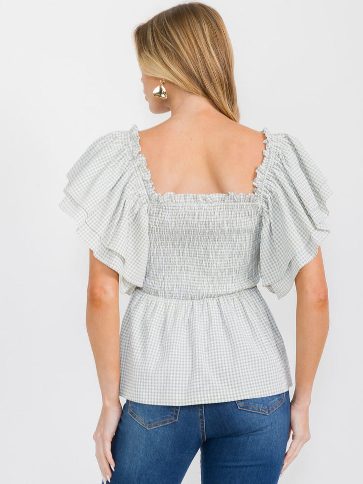 WOMEN'S SHORT RUFFLE SLEEVES SQUARE NECK SMOCK PLAID BLOUSE