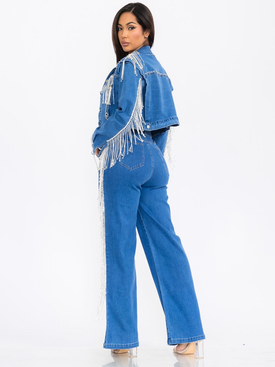 WOMEN'S LONG SLEEVE JACKET & WIDE LEG PANTS FRINGE DENIM 2PC. SET