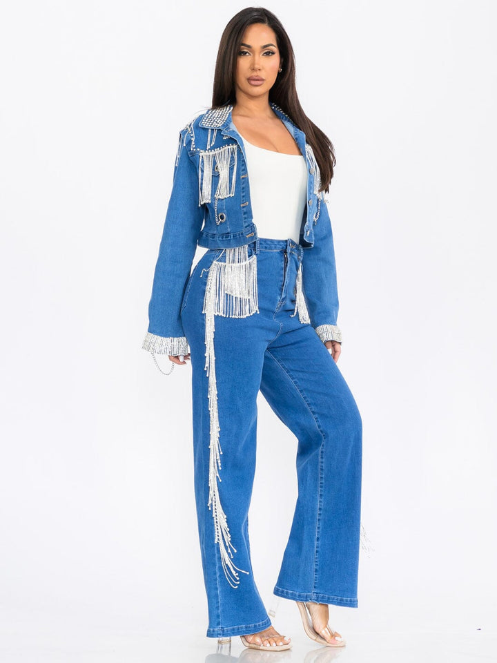 WOMEN'S LONG SLEEVE JACKET & WIDE LEG PANTS FRINGE DENIM 2PC. SET
