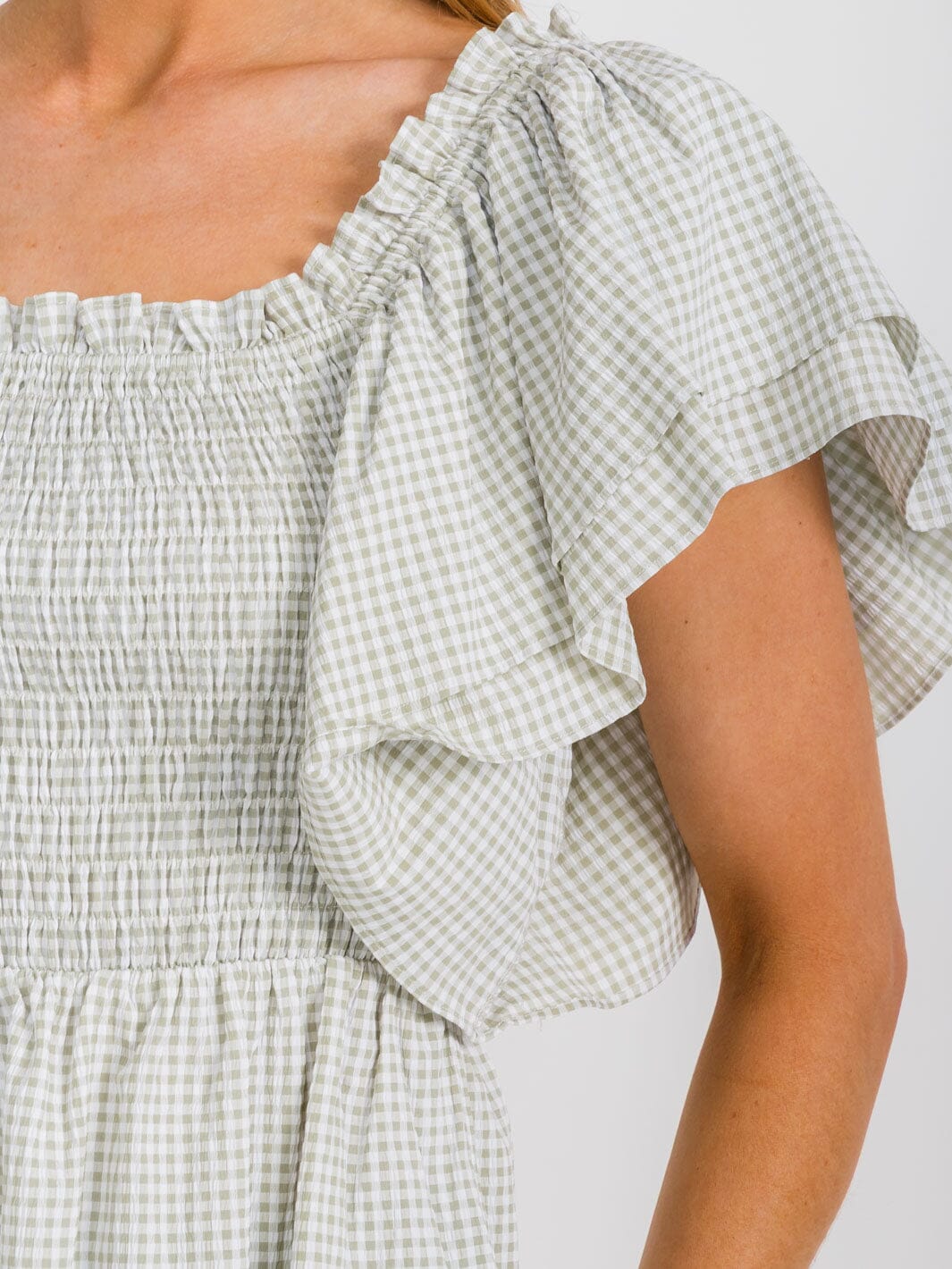 WOMEN'S SHORT RUFFLE SLEEVES SQUARE NECK SMOCK PLAID BLOUSE
