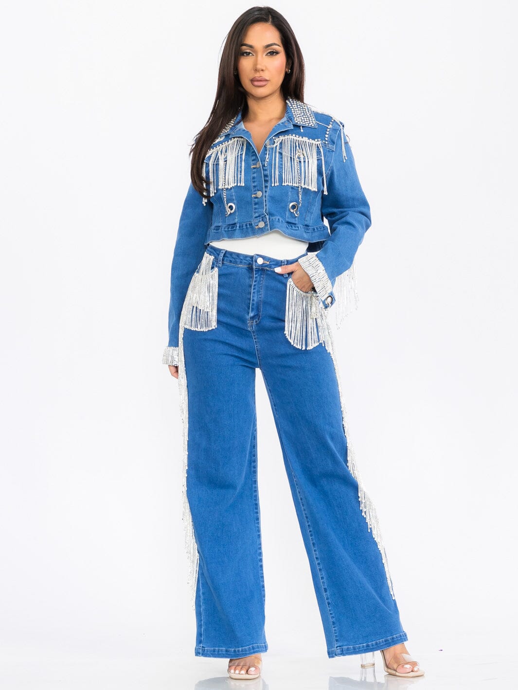 WOMEN'S LONG SLEEVE JACKET & WIDE LEG PANTS FRINGE DENIM 2PC. SET