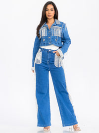 WOMEN'S LONG SLEEVE JACKET & WIDE LEG PANTS FRINGE DENIM 2PC. SET