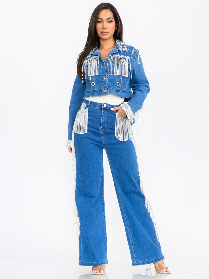 WOMEN'S LONG SLEEVE JACKET & WIDE LEG PANTS FRINGE DENIM 2PC. SET