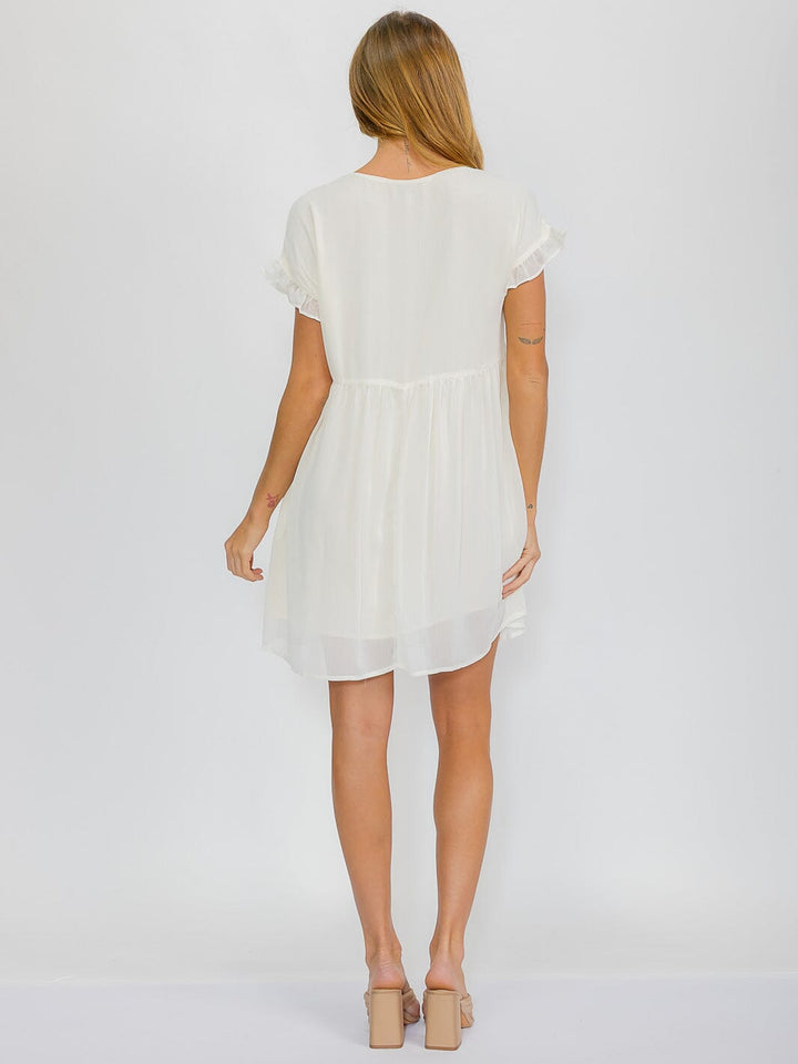 WOMEN'S SHORT SLEEVES FRONT POCKETS V-NECK MINI DRESS