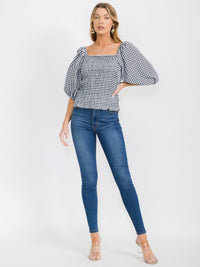 WOMEN'S 3/4 PUFF SLEEVES SQUARE NECK SMOCK PLAID BLOUSE
