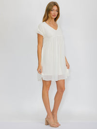 WOMEN'S SHORT SLEEVES FRONT POCKETS V-NECK MINI DRESS