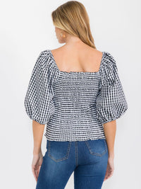 WOMEN'S 3/4 PUFF SLEEVES SQUARE NECK SMOCK PLAID BLOUSE