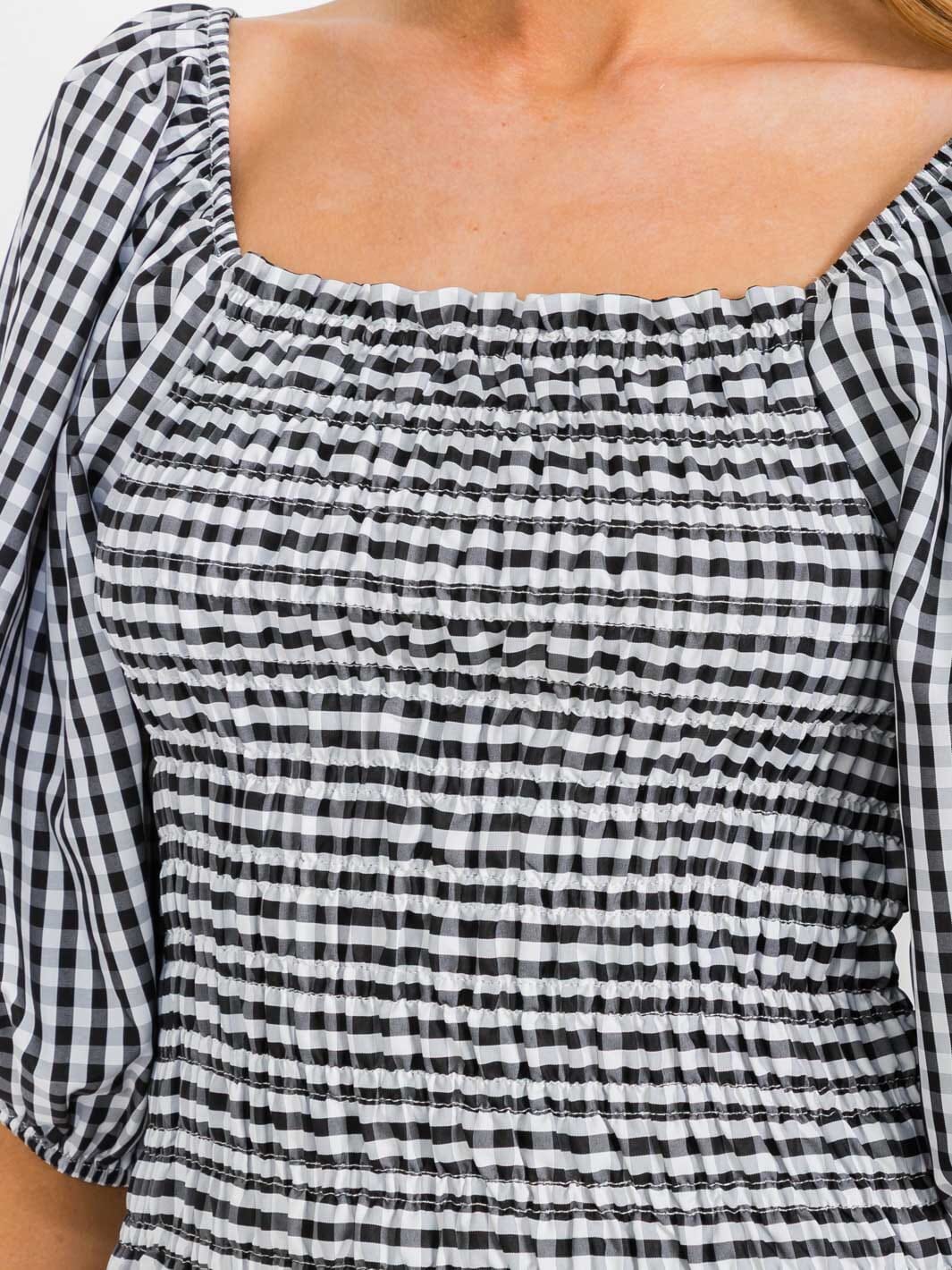 WOMEN'S 3/4 PUFF SLEEVES SQUARE NECK SMOCK PLAID BLOUSE