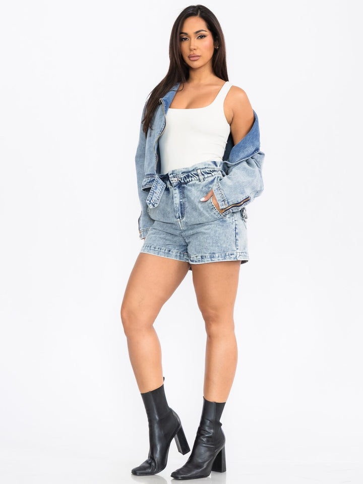 WOMEN'S LONG SLEEVE JACKET & BUTTON CLOSURE SHORTS DENIM 2PC. SET