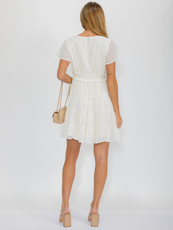 WOMEN'S SHORT SLEEVE V-NECK SMOCK WAIST SWISS DETAILED MINI DRESS