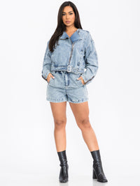 WOMEN'S LONG SLEEVE JACKET & BUTTON CLOSURE SHORTS DENIM 2PC. SET