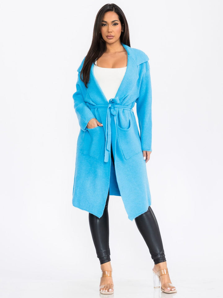 WOMEN'S LONG SLEEVE OPEN FRONT SELF TIE POCKETS RIBBED CARDIGAN