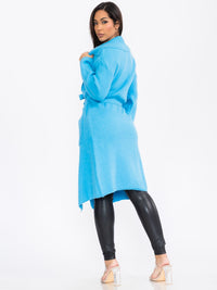 WOMEN'S LONG SLEEVE OPEN FRONT SELF TIE POCKETS RIBBED CARDIGAN