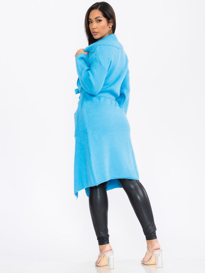 WOMEN'S LONG SLEEVE OPEN FRONT SELF TIE POCKETS RIBBED CARDIGAN