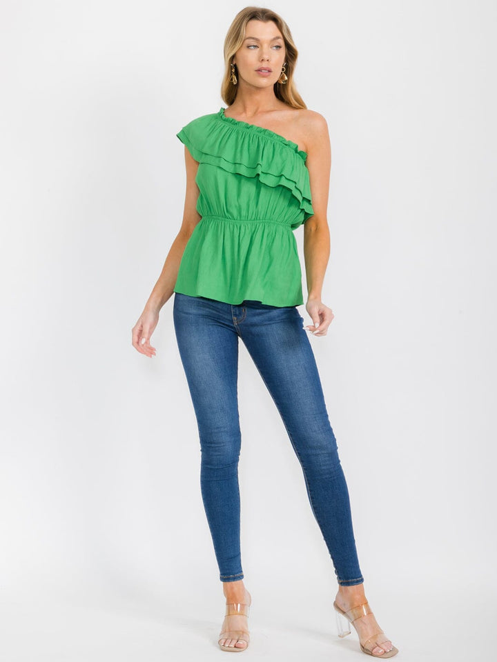 WOMEN'S ONE SHOULDER ELASTIC WAIST RUFFLE PEPLUM TOP
