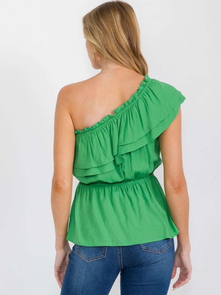 WOMEN'S ONE SHOULDER ELASTIC WAIST RUFFLE PEPLUM TOP