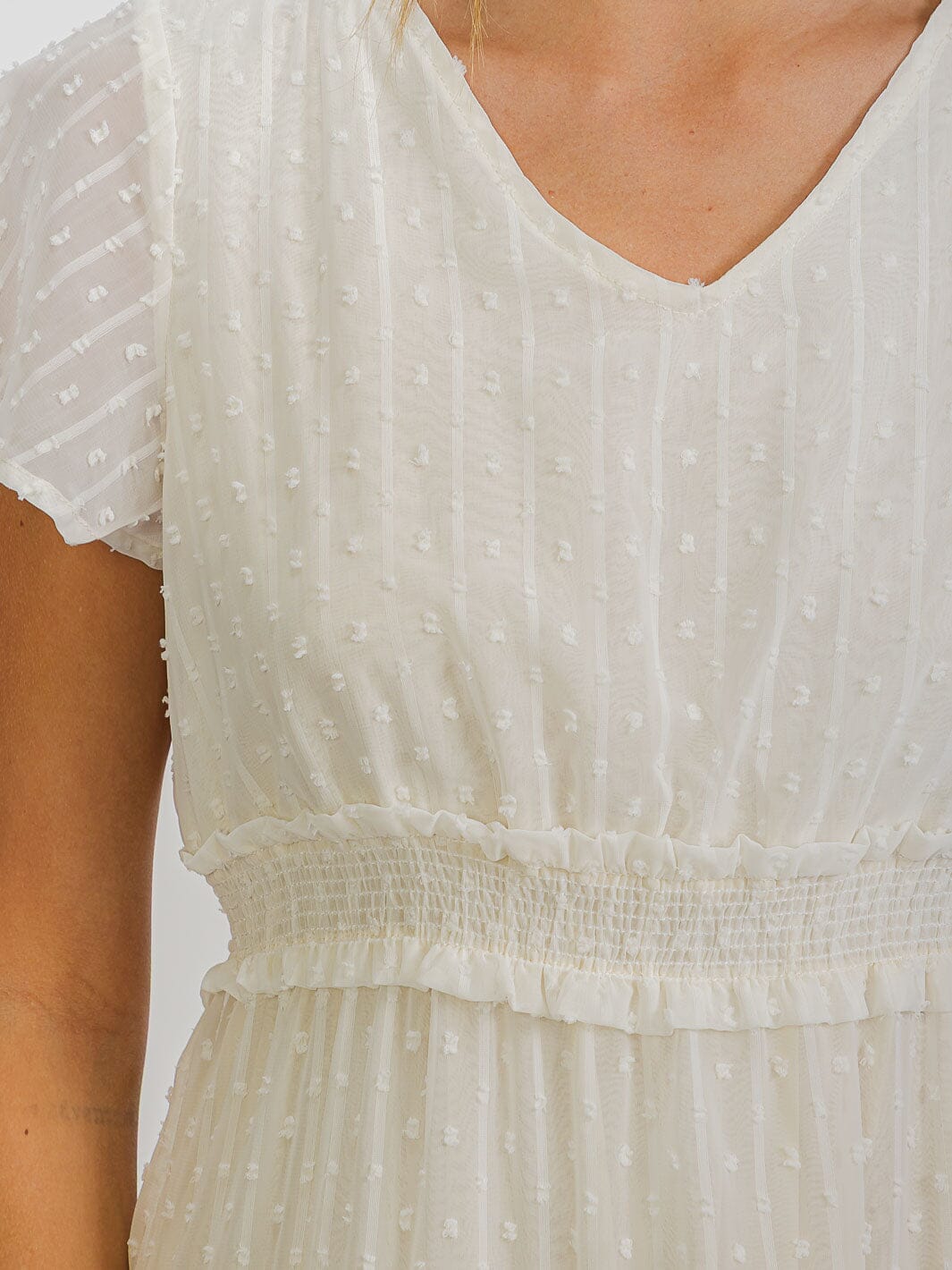 WOMEN'S SHORT SLEEVE V-NECK SMOCK WAIST SWISS DETAILED MINI DRESS