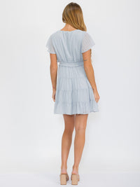 WOMEN'S SHORT SLEEVE V-NECK SMOCK WAIST SWISS DETAILED MINI DRESS