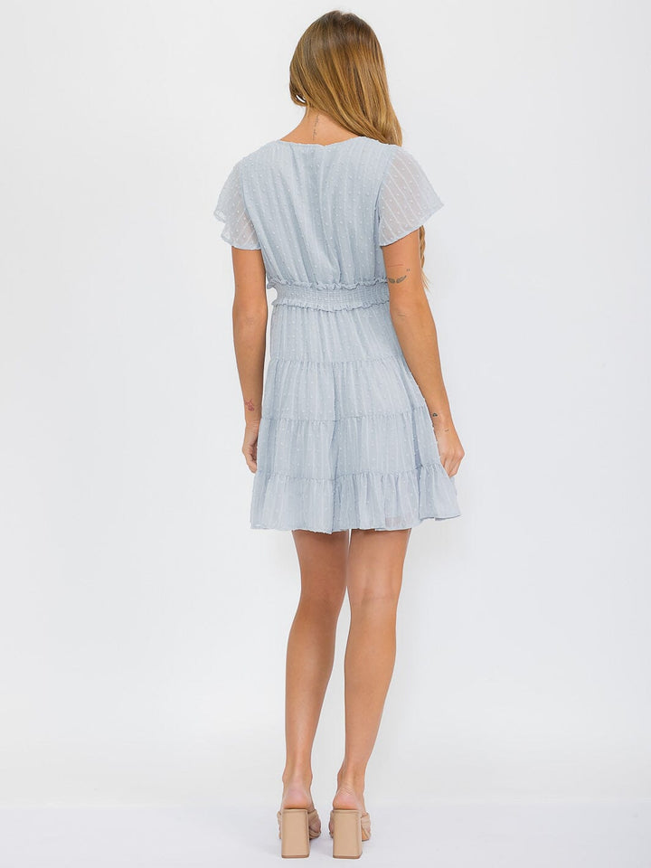 WOMEN'S SHORT SLEEVE V-NECK SMOCK WAIST SWISS DETAILED MINI DRESS