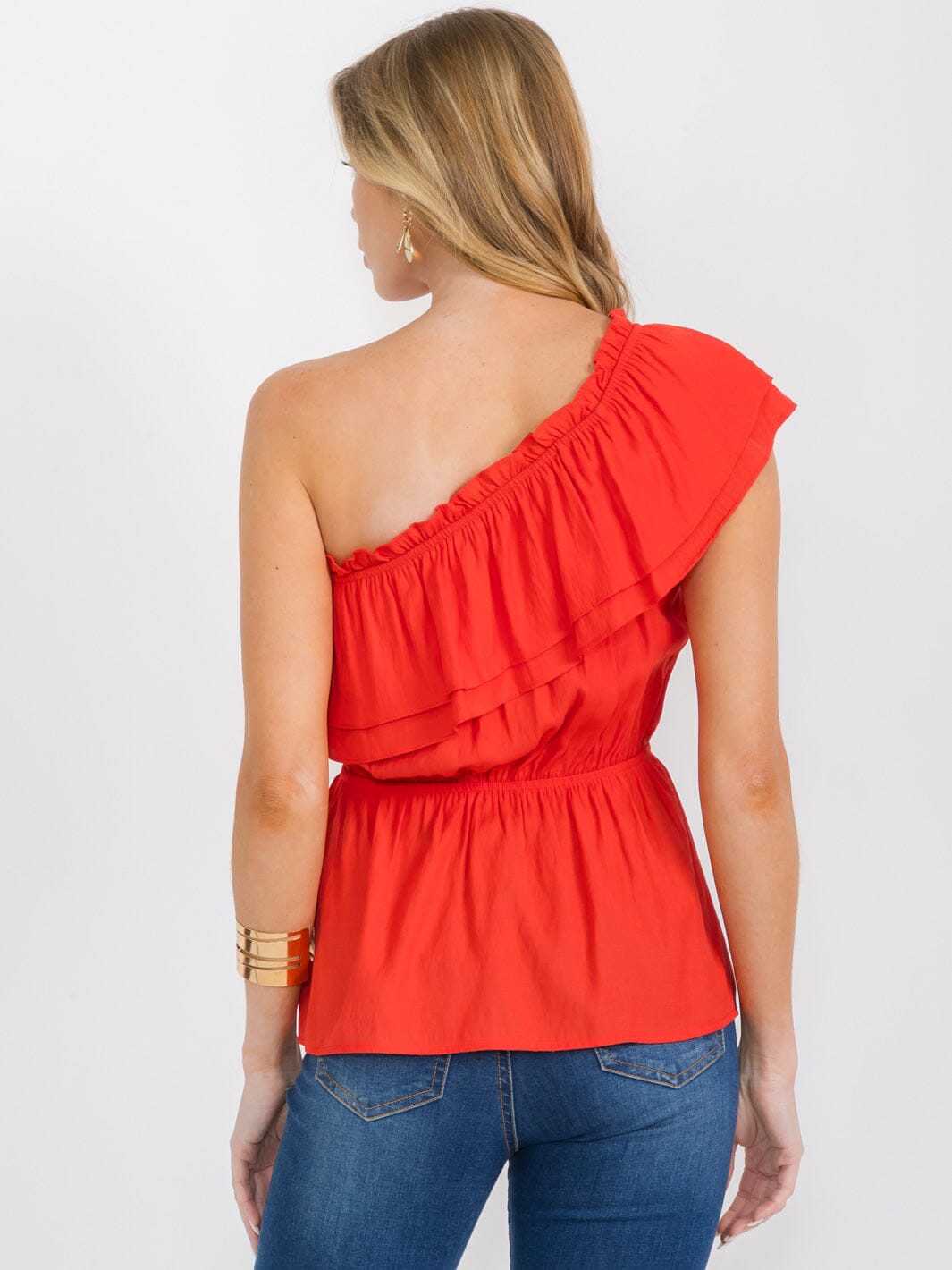 WOMEN'S ONE SHOULDER ELASTIC WAIST RUFFLE PEPLUM TOP