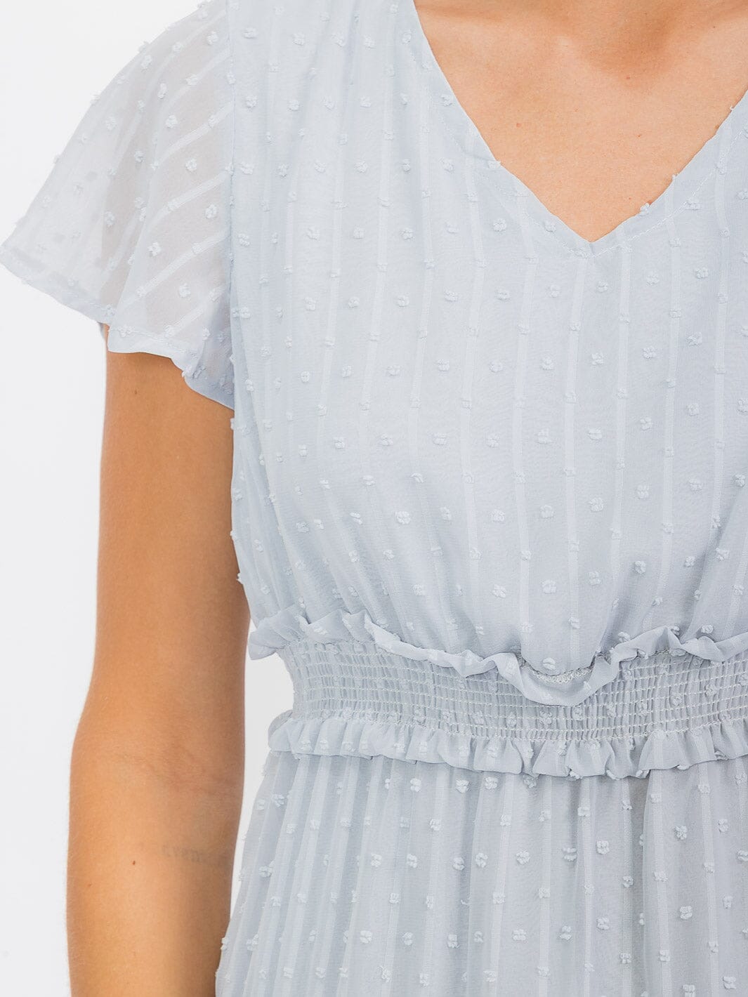 WOMEN'S SHORT SLEEVE V-NECK SMOCK WAIST SWISS DETAILED MINI DRESS