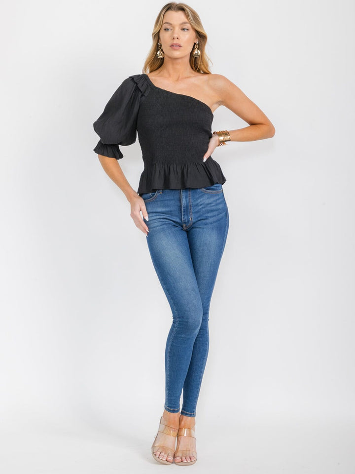 WOMEN'S ONE SHOULDER SMOCK RUFFLE PEPLUM TOP