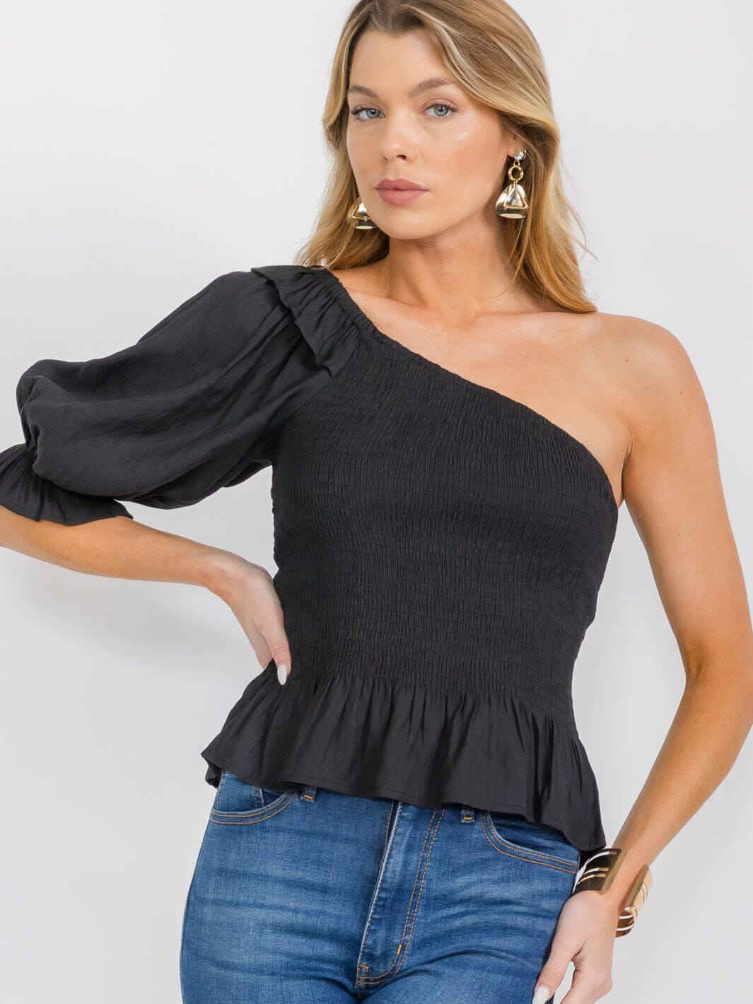 WOMEN'S ONE SHOULDER SMOCK RUFFLE PEPLUM TOP