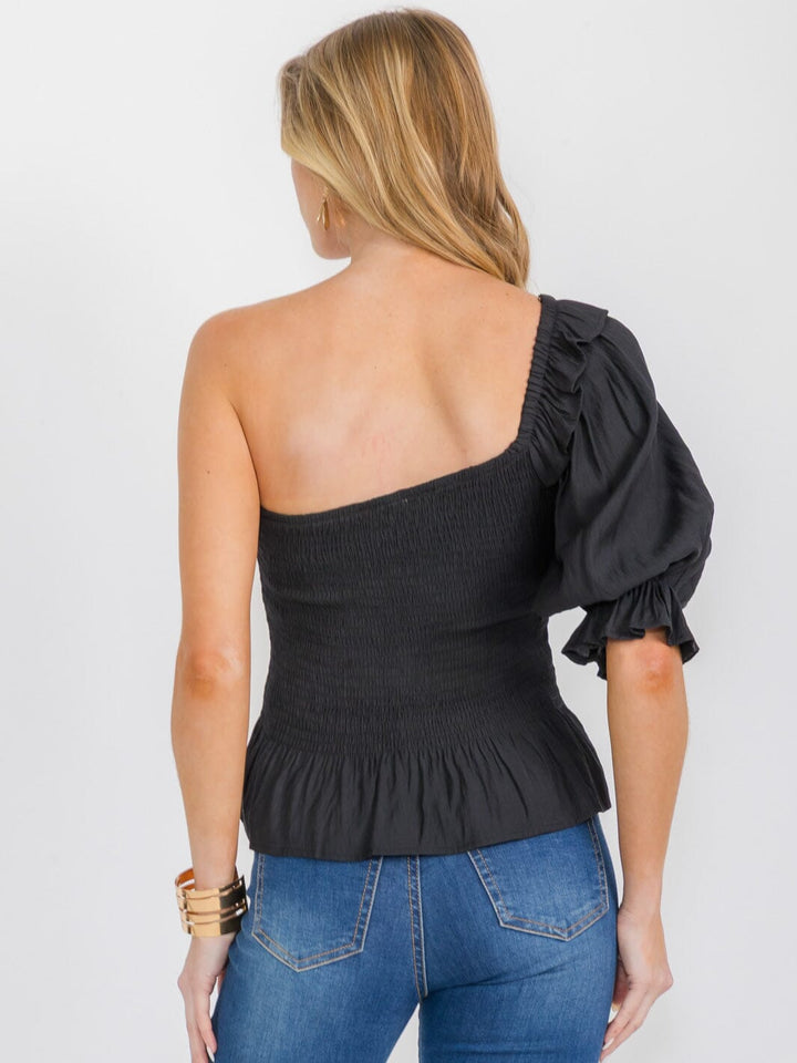 WOMEN'S ONE SHOULDER SMOCK RUFFLE PEPLUM TOP
