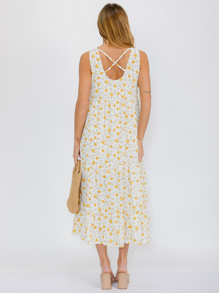 WOMEN'S SLEEVELESS FRONT POCKETSOPEN BACK FLORAL MAXI DRESS