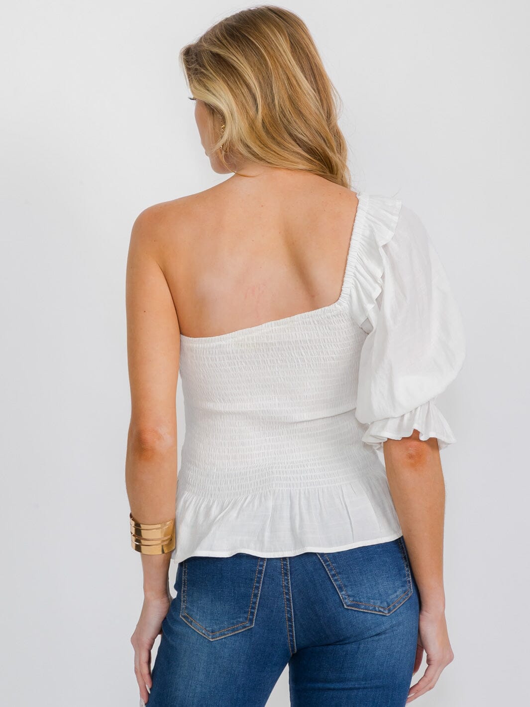 WOMEN'S ONE SHOULDER SMOCK RUFFLE PEPLUM TOP