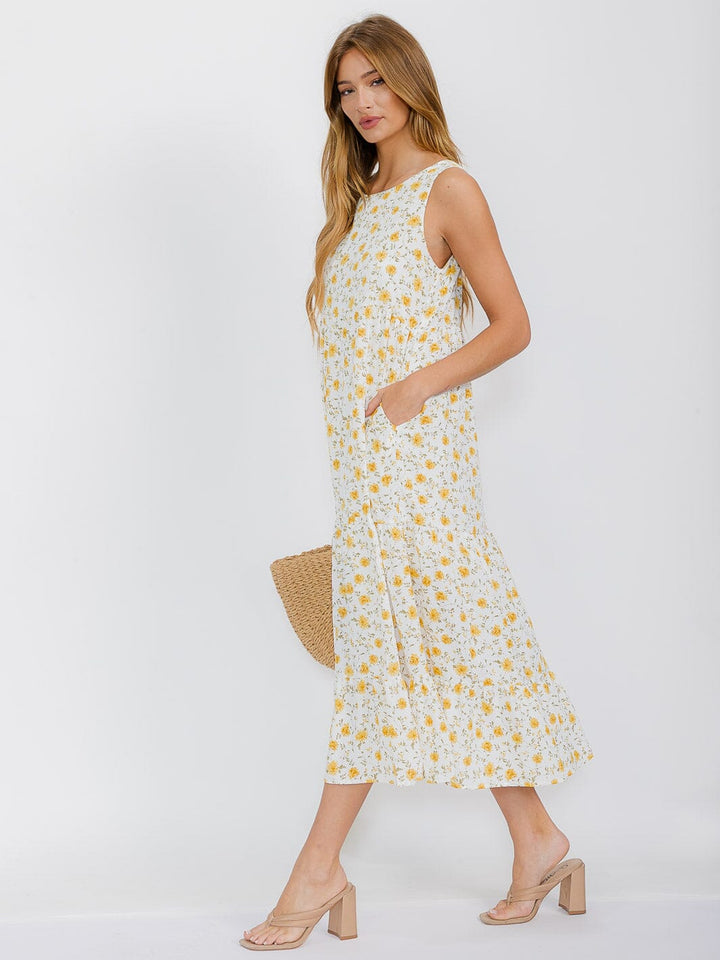 WOMEN'S SLEEVELESS FRONT POCKETSOPEN BACK FLORAL MAXI DRESS