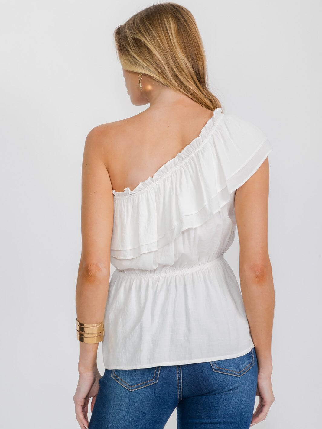 WOMEN'S ONE SHOULDER ELASTIC WAIST RUFFLE PEPLUM TOP