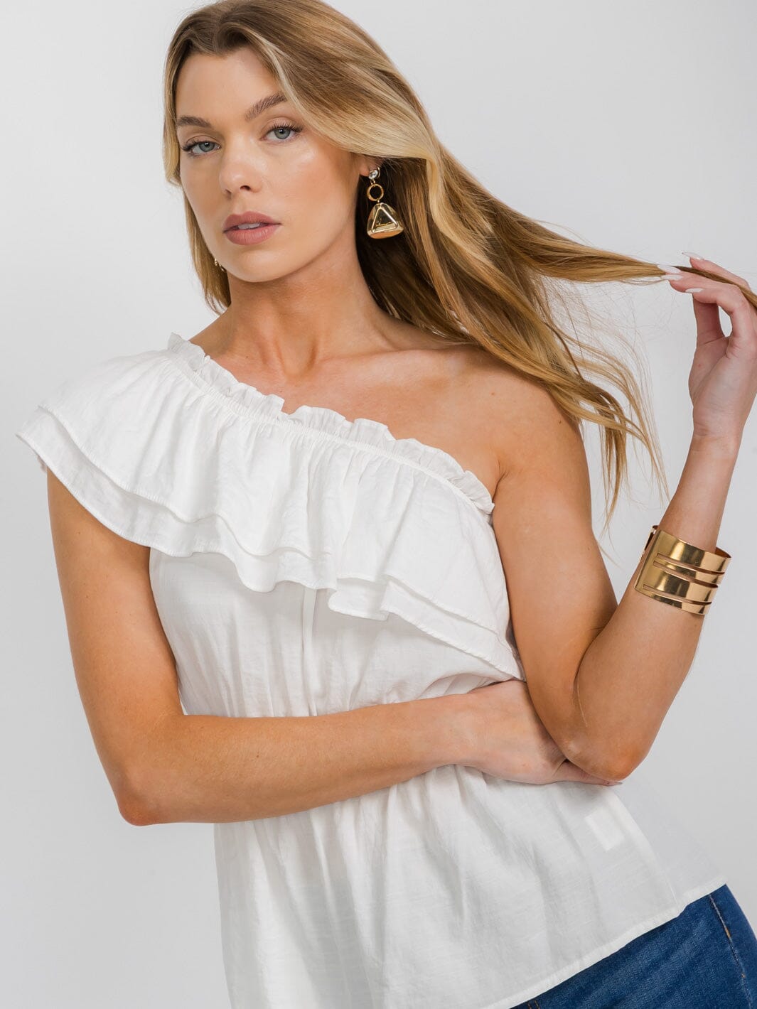 WOMEN'S ONE SHOULDER ELASTIC WAIST RUFFLE PEPLUM TOP