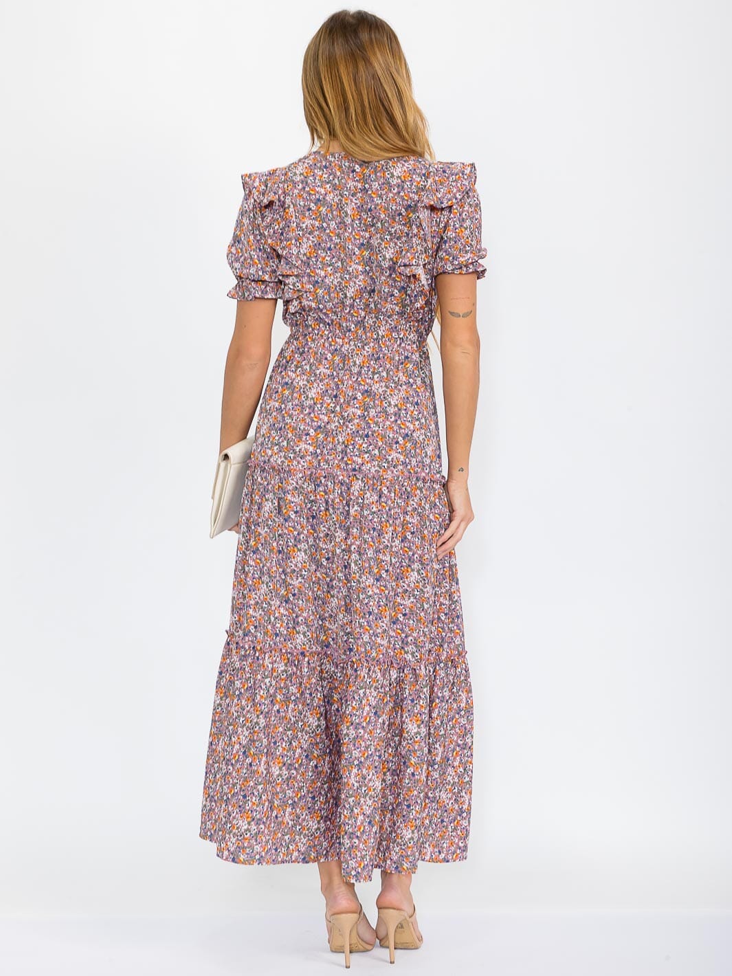 WOMEN'S SHORT SLEEVES BUTTON UP TIERED FLORAL MAXI DRESS