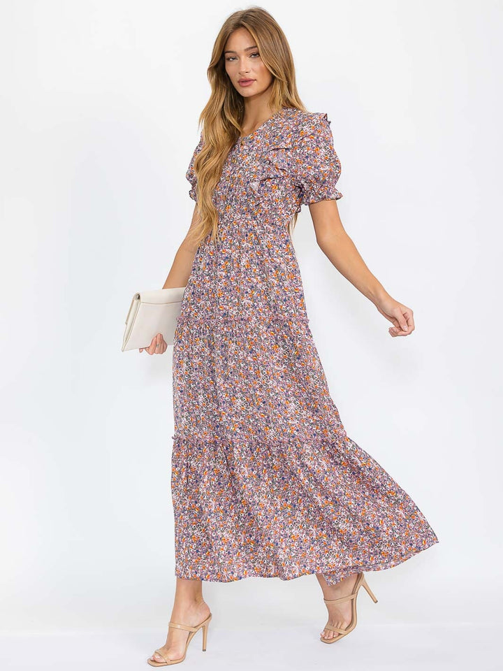 WOMEN'S SHORT SLEEVES BUTTON UP TIERED FLORAL MAXI DRESS