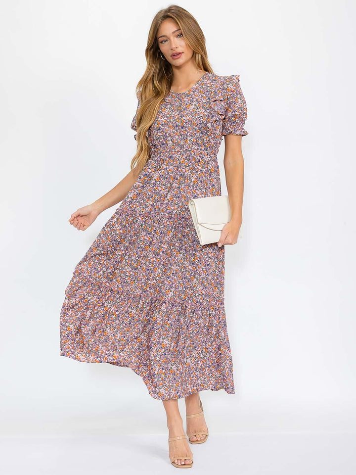 WOMEN'S SHORT SLEEVES BUTTON UP TIERED FLORAL MAXI DRESS