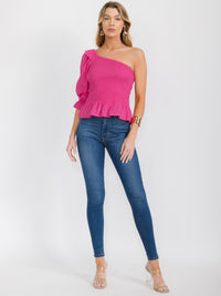 WOMEN'S ONE SHOULDER ELASTIC WAIST RUFFLE PEPLUM TOP (Copy)
