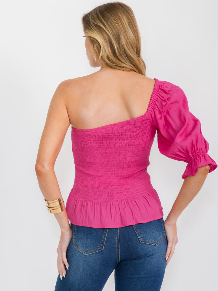 WOMEN'S ONE SHOULDER SMOCK RUFFLE PEPLUM TOP