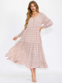 WOMEN'S LONG SLEEVES BUTTON UP TIERED PRINTED MAXI DRESS