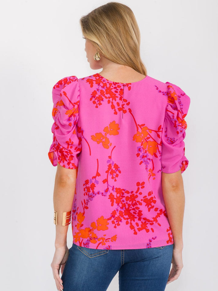 WOMEN'S SHORT RUCHED SLEEVE FLORAL BLOUSE