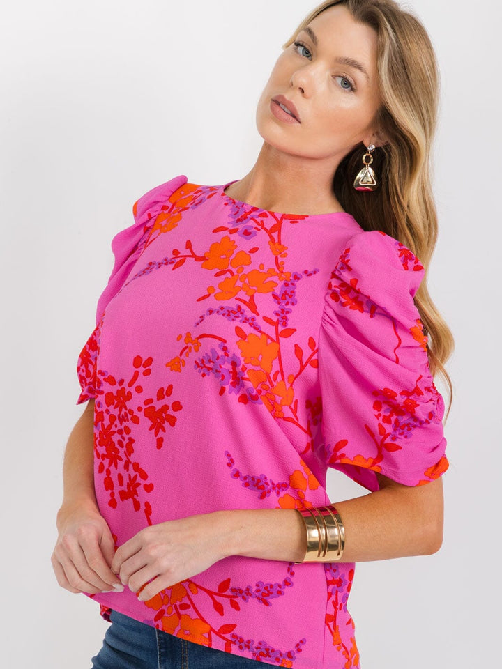WOMEN'S SHORT RUCHED SLEEVE FLORAL BLOUSE