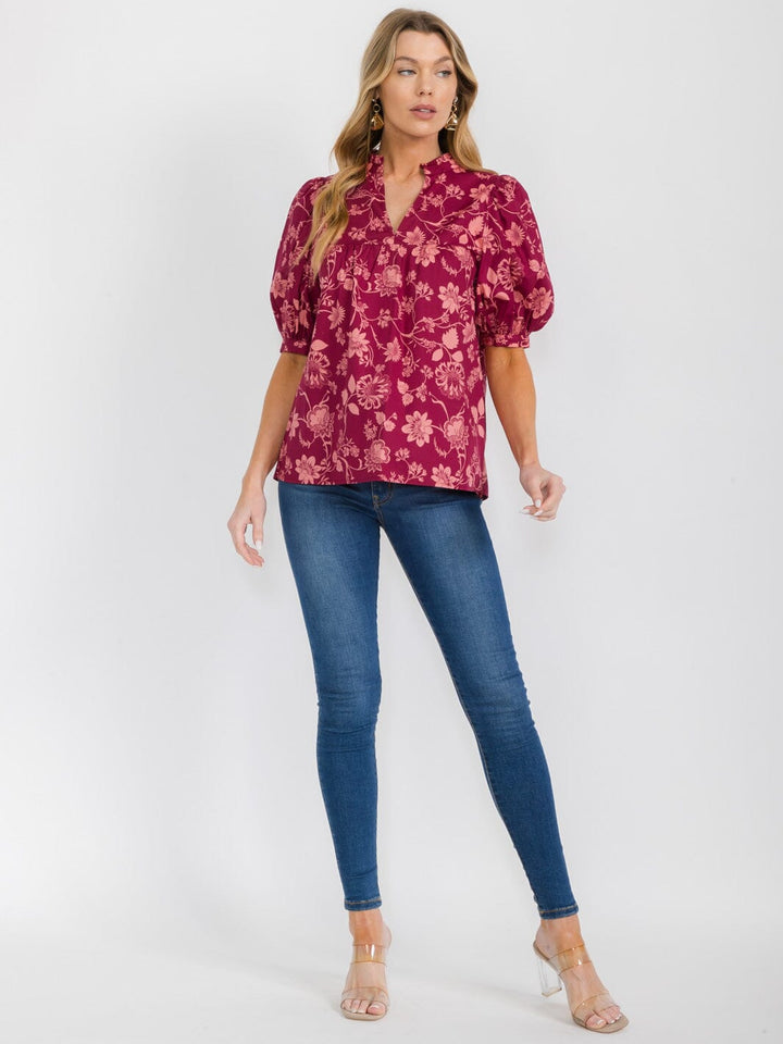 WOMEN'S SHORT PUFF SLEEVE V-NECK FLORAL BLOUSE