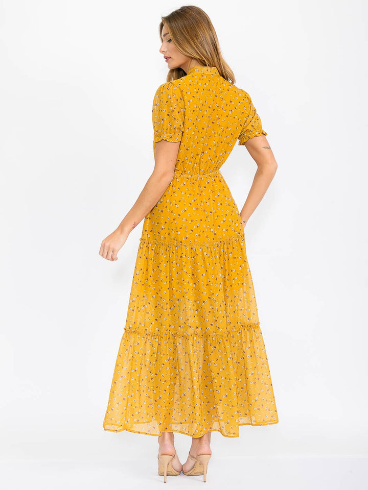 WOMEN'S SHORT SLEEVES ELASTIC WAIST BUTTON UP FLORAL MAXI DRESS