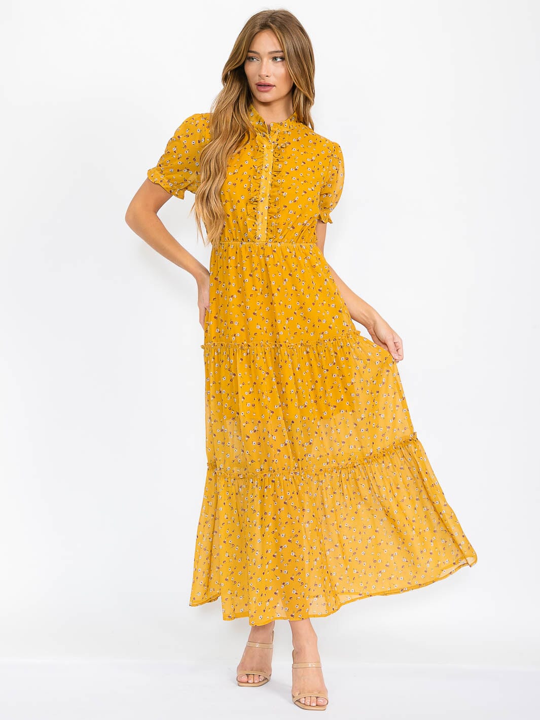 WOMEN'S SHORT SLEEVES ELASTIC WAIST BUTTON UP FLORAL MAXI DRESS