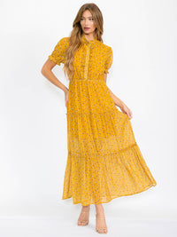 WOMEN'S SHORT SLEEVES ELASTIC WAIST BUTTON UP FLORAL MAXI DRESS