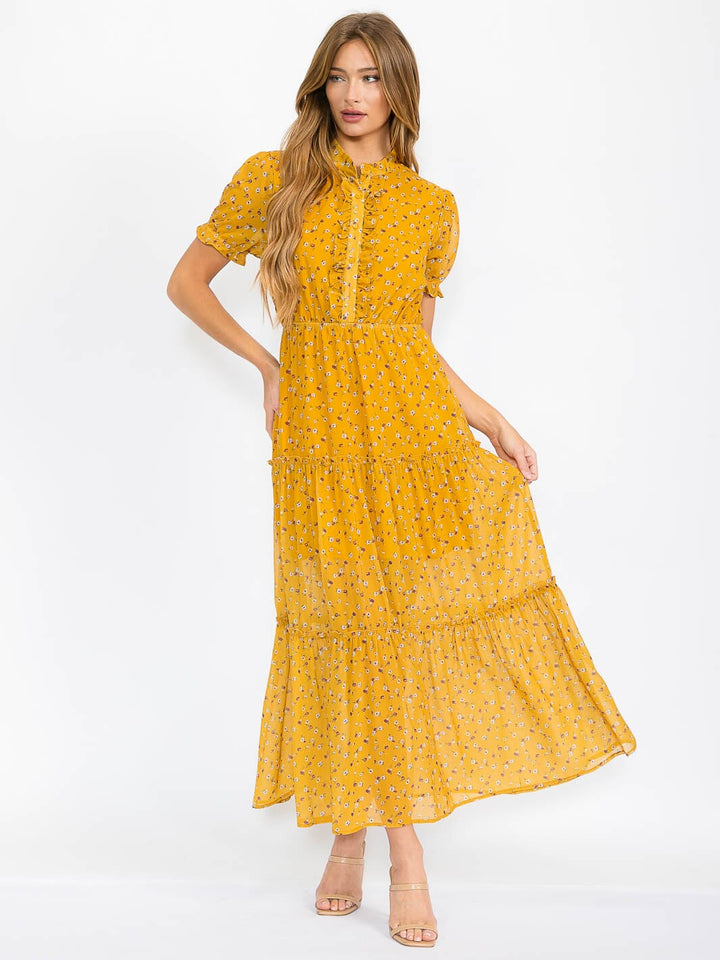 WOMEN'S SHORT SLEEVES ELASTIC WAIST BUTTON UP FLORAL MAXI DRESS