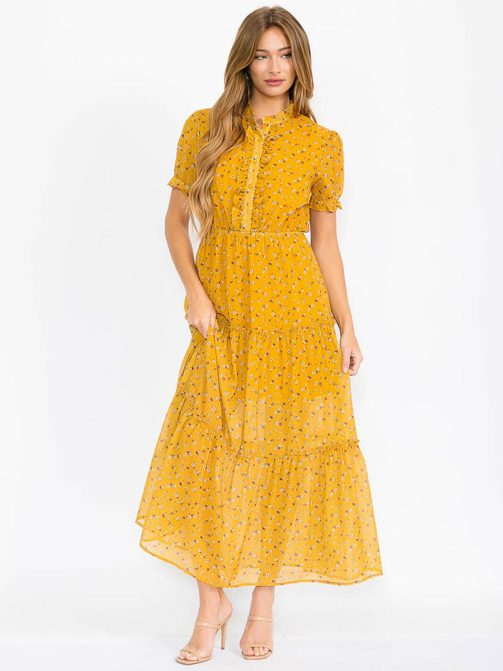 WOMEN'S SHORT SLEEVES ELASTIC WAIST BUTTON UP FLORAL MAXI DRESS